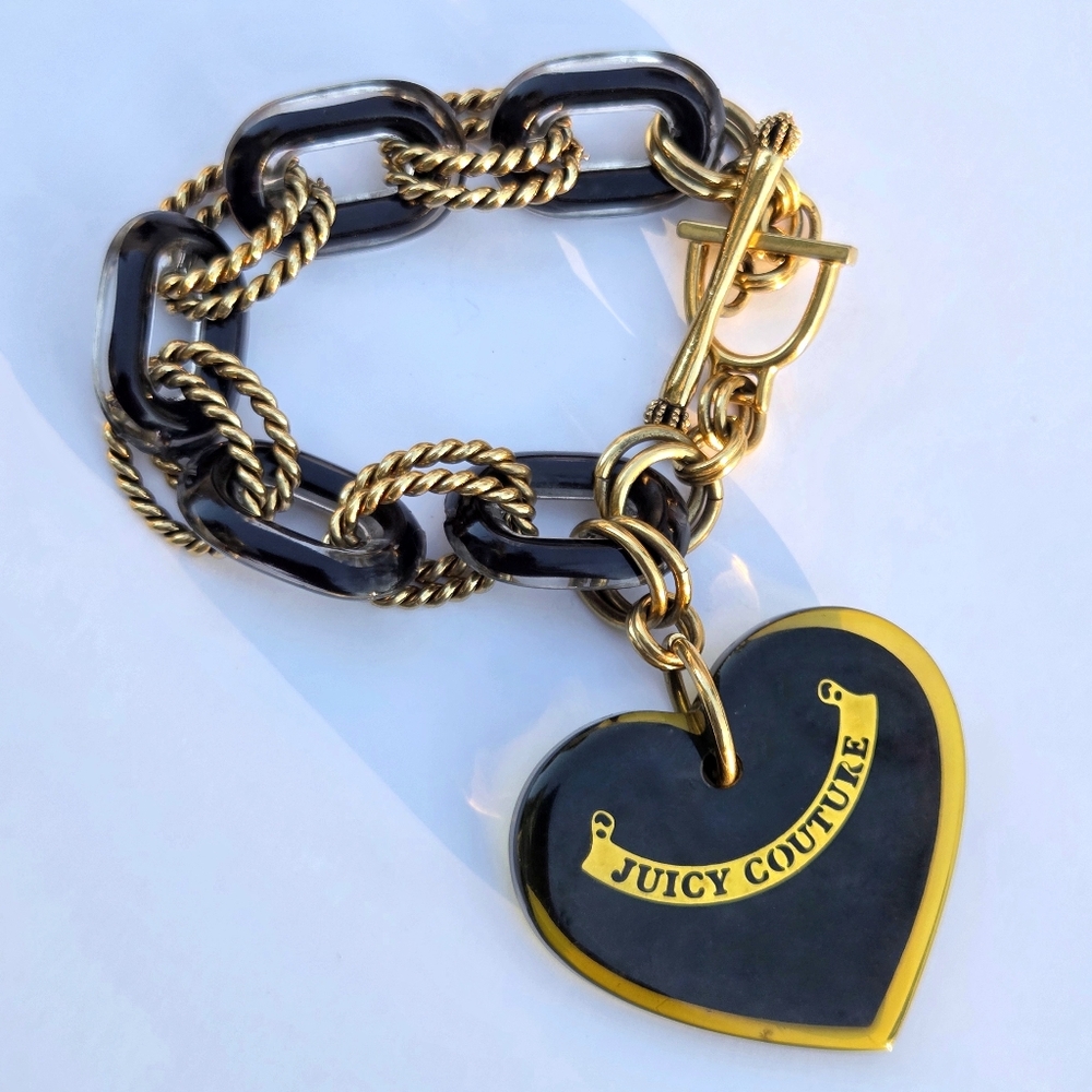 Juicy Couture Y2K Oversized Logo Heart Charm Black & Gold Resin Bracelet Vintage